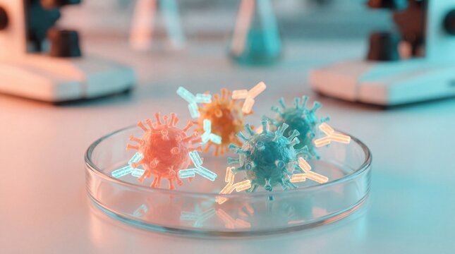 Image of microscopic organisms within a petri dish, representing scientific research and medical advancement. This image features detailed models of viruses and antibodies.
