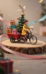 Fototapeta premium Holiday cyclist with dog Christmas tree and gifts on a wooden slice.
