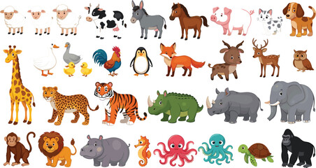 Obraz premium Large set of cute farm wild and sea animals collection including mammals birds reptiles and marine creatures vector illustration