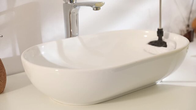 Cleaning white sink with steam cleaner at home, closeup