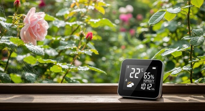 Compact digital weather station displaying temperature humidity and forecast on wooden sill near greenery