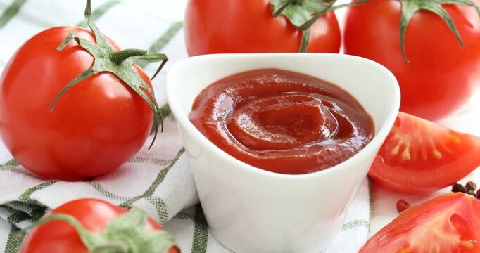 Delicious ketchup in bowl, tomatoes and spices on white wooden table, closeup