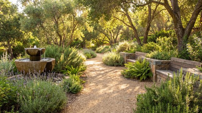 A serene garden landscape with a water fountain and stone benches along a path, inviting peace and contemplation