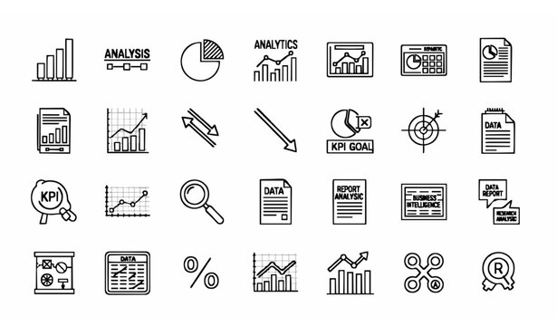 Analytics outline icon set with editable stroke analysis infographic and data visualization symbols collection