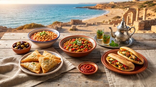 Traditional Tunisian food spread with brik, sandwiches, salads and tea by the Mediterranean sea