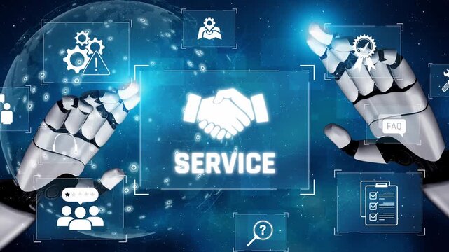 AI-assisted support system for business services showing hands-on process, communication, and teamwork icons Marrow