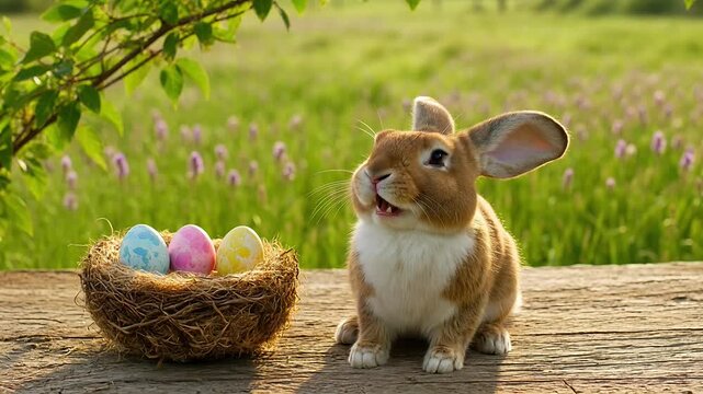 Cute Easter Bunny with a Nest of Colorful Painted Eggs in Spring Meadow
