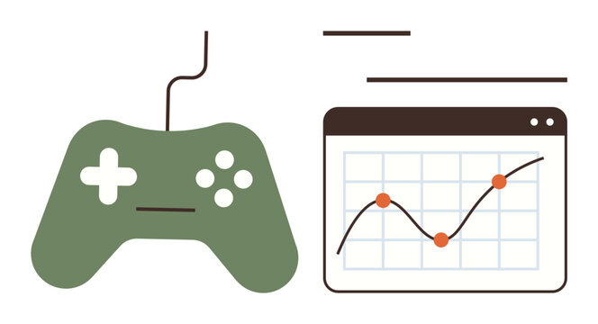 Gaming industry, data analytics, user trends, esports growth, gaming statistics, entertainment insights. Green game controller and graph with data points. Gaming industry and data analytics concept