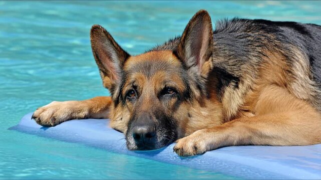 A serene German Shepherd rests its head on a blue floating mat in the clear water of a pool.