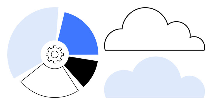 Cloud storage, data processing, cloud computing, analytics, information management, technology. Gear at the center of a pie chart next to two cloud symbols. Cloud computing and data processing