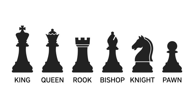 Set of black chess pieces including king queen rook bishop