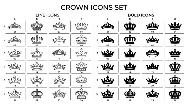 Collection of crown icons in line and bold styles