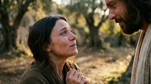 Mary Magdalene Standing in Astonishment Before the Risen Jesus Outside the Empty Tomb at Dawn