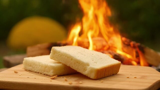 Slices of white bread toasting on a wooden board by a campfire