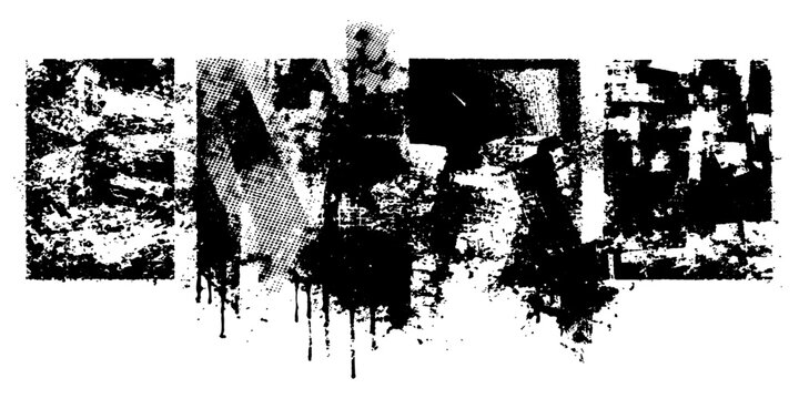 Black and white grunge rubber stamps on a dirty ink splash background featuring a rough vector paint texture with artistic brush strokes and a grungy splatter frame design element