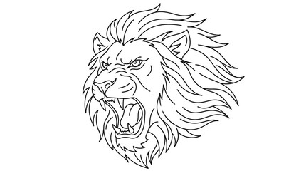 Obraz premium Fierce roaring lion head illustration in black and white line art style.