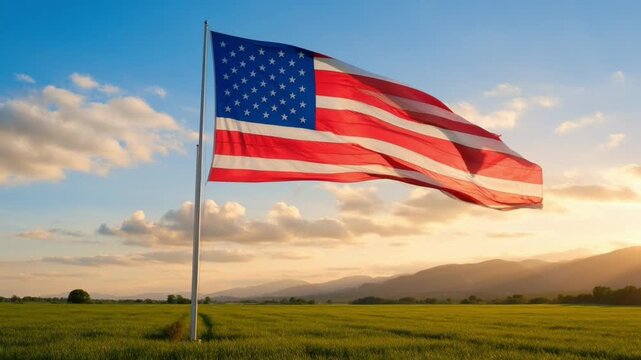 Slow cinematic footage of a large American flag waving gently in the wind on a tall pole