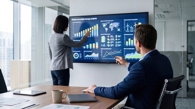 Business team analyzing global renewable energy projects data on large screen display during strategy meeting in modern office environment