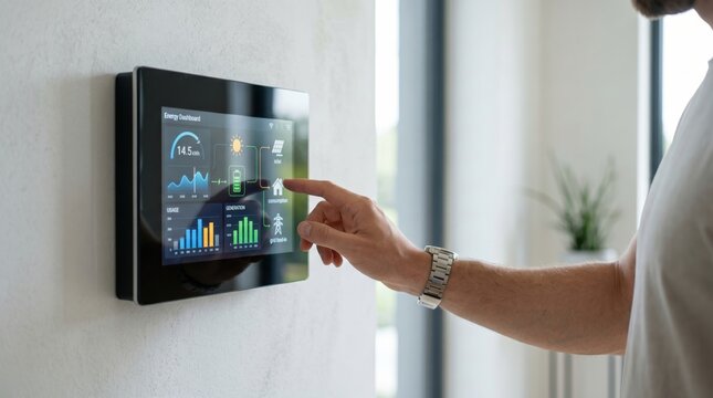 Man using smart home energy management system touchscreen to monitor electricity consumption and solar power usage in modern residence