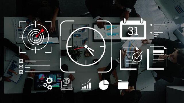 Business Team Collaboration with Graphs, Charts, and Symbols in a Modern Office Setup Focused on Goals, Time Management, and Strategic Planning Elements Gluon.