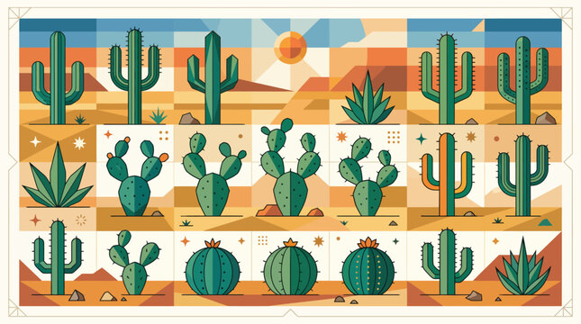 Set of diverse green cactus and succulent plants illustration.