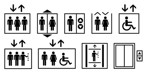 Elevator and lift sign icon set. Toilet icons set. Men and women restroom icon sign right arrow. Disabled wheelchair icon. Vector Illustration. © IQ art_Design
