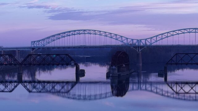 Early morning drone clip of the Main Street Bridge in Middletown To Portland Connecticut in April