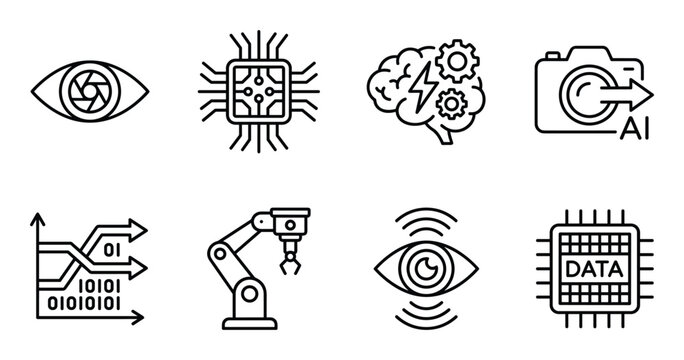 AI and technology icons depicting vision chip brain gears camera robot arm and data.