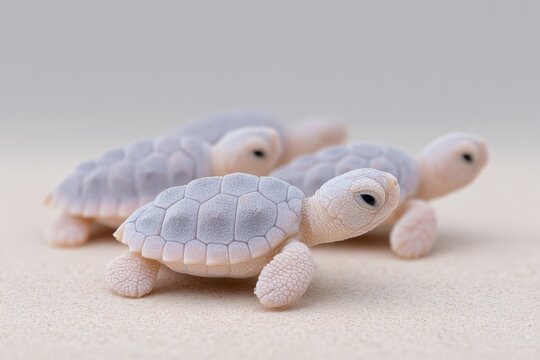 Baby sea turtles make their way across soft sandy beach towards the welcoming ocean waves at dawn. World Sea Turtle Day