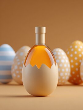 Luxury springtime elixir showcased against a vibrant backdrop of decorated eggs, celebrating renewal and elegance