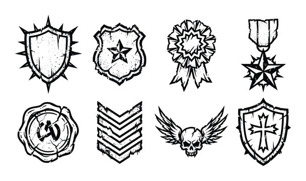 Collection of grungy distressed badges emblems crests and awards military police sheriff and victory insignias.