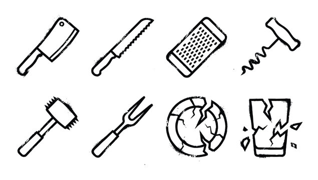 Collection of kitchen utensil icons with grunge texture isolated on checkered background.