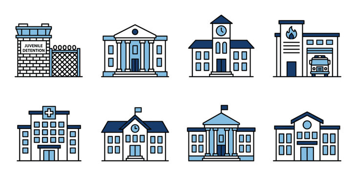 Collection of institutional building icons featuring detention, government, and emergency services structures.