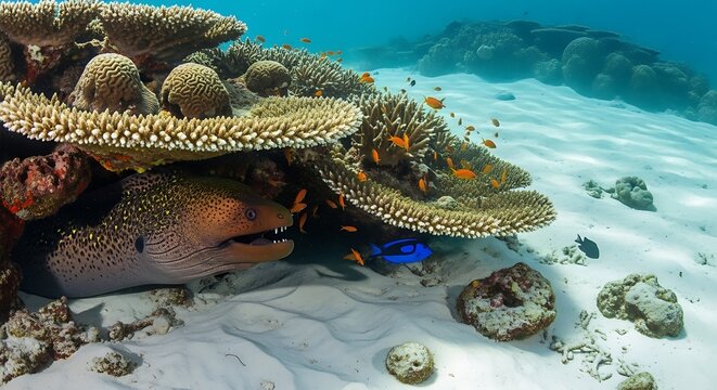 Underwater scene moray eel and coral reef habitat in oceanic environment