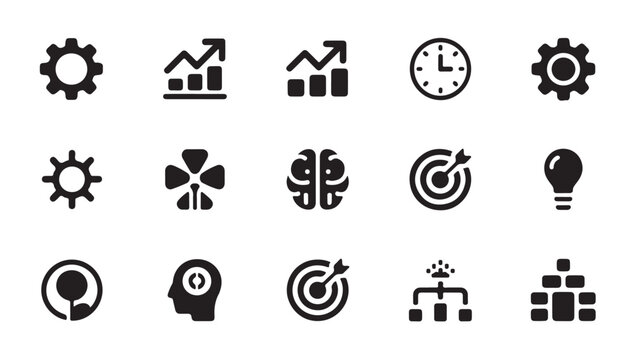 Business management icons including growth charts clock gears and brain concept illustrations.