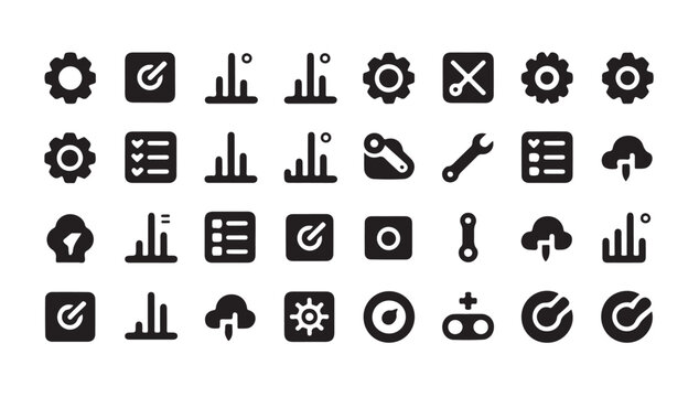 System configuration and data analysis icons featuring bar charts toggle buttons and cogs set.