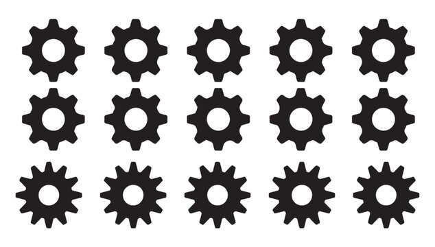 Simple cogwheel grid layout showing various gear designs for settings and configuration menus.