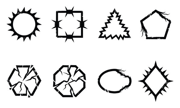 Grunge distressed geometric shapes badges emblems and borders circle square triangle pentagon cracked polygon.