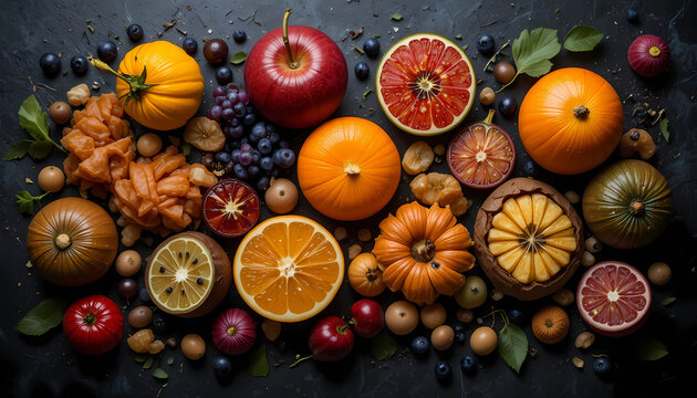 &ldquo;Exotic fruits arranged on dark textured background, dramatic lighting, high contrast, rich colors, luxury food photography style, ultra detailed, premium stock image&rdquo;