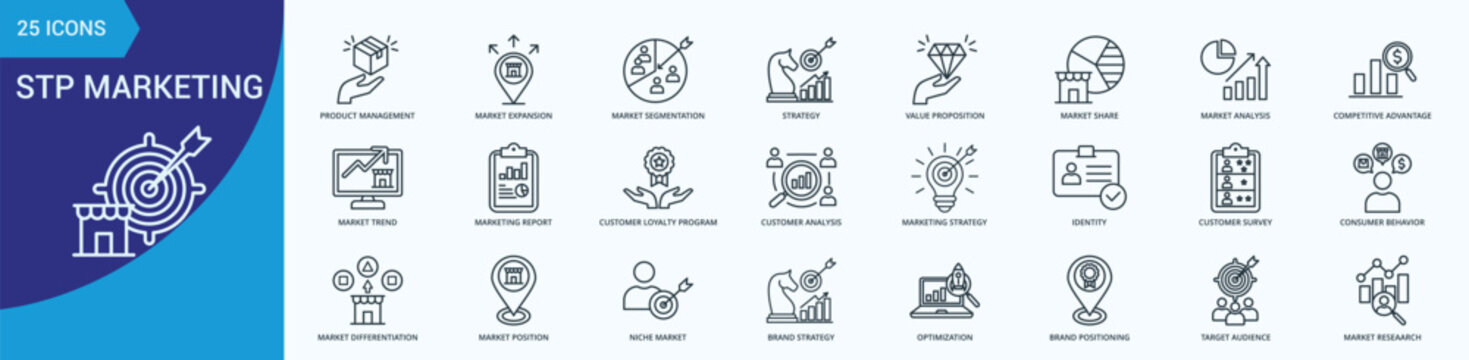 STP Marketing Icon Pack Illustration Vector Outine Style With product management, market expansion, market segmentation, strategy, value proposition, market share