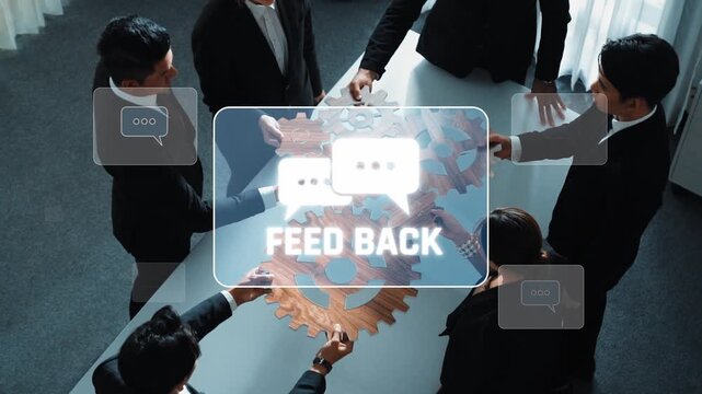 A diverse business team engages in a collaborative meeting, exchanging feedback with dialogue bubbles and gear imagery, symbolizing strategic planning and connection. Raster