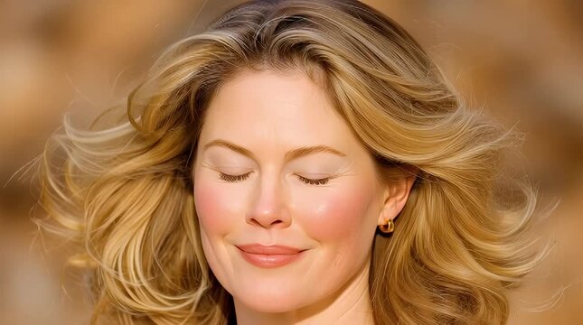 Radiant woman with windblown hair closes her eyes in peaceful contentment enjoying a sunny day outdoors a portrait of serenity and natural beauty