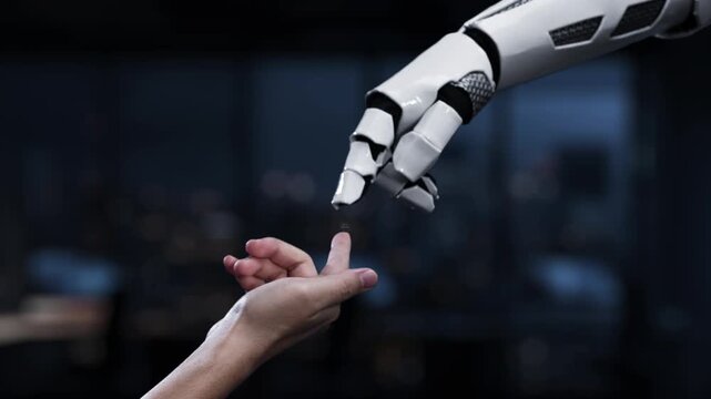 A robotic hand reaches for a data-driven interface in a contemporary workspace, showcasing the integration of technology and analytics in decision-making processes. Synapse