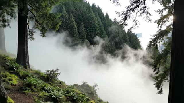 Dense white fog and mist rolling through a lush green coniferous forest hillside, framed by large tree trunks and green ferns in the foreground of a temperate rainforest.