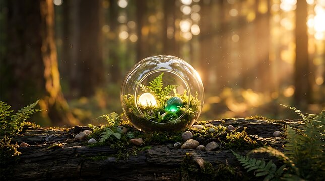 Glass terrarium with glowing green and white orbs in a sunlit forest