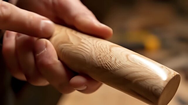 Closeup of Hands Crafting a Wooden Handle with Intricate Grain Patterns.