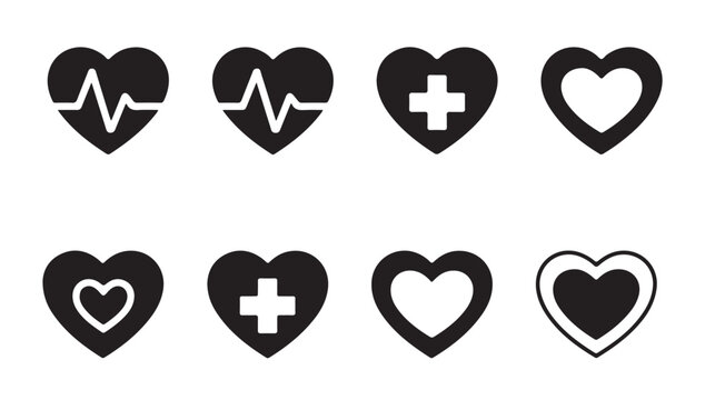 Heart pulse icon set for healthcare and medical monitoring in simple black silhouette style.