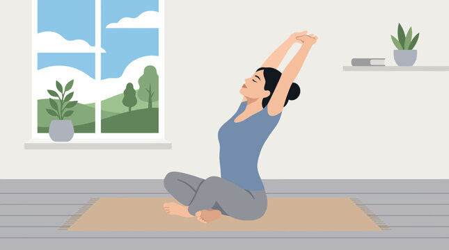 Woman practicing yoga in a bright indoor room with a mat, plants, and natural light.