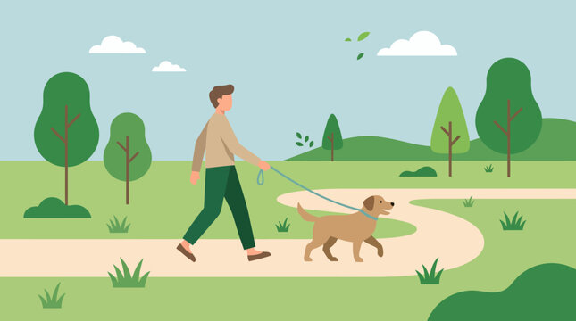 A Person Walks a Dog Along a Sunny Park Trail Through Greenery in a Bright Outdoor Scene.