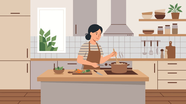 Woman preparing a meal at a modern kitchen island with cookware and fresh ingredients.